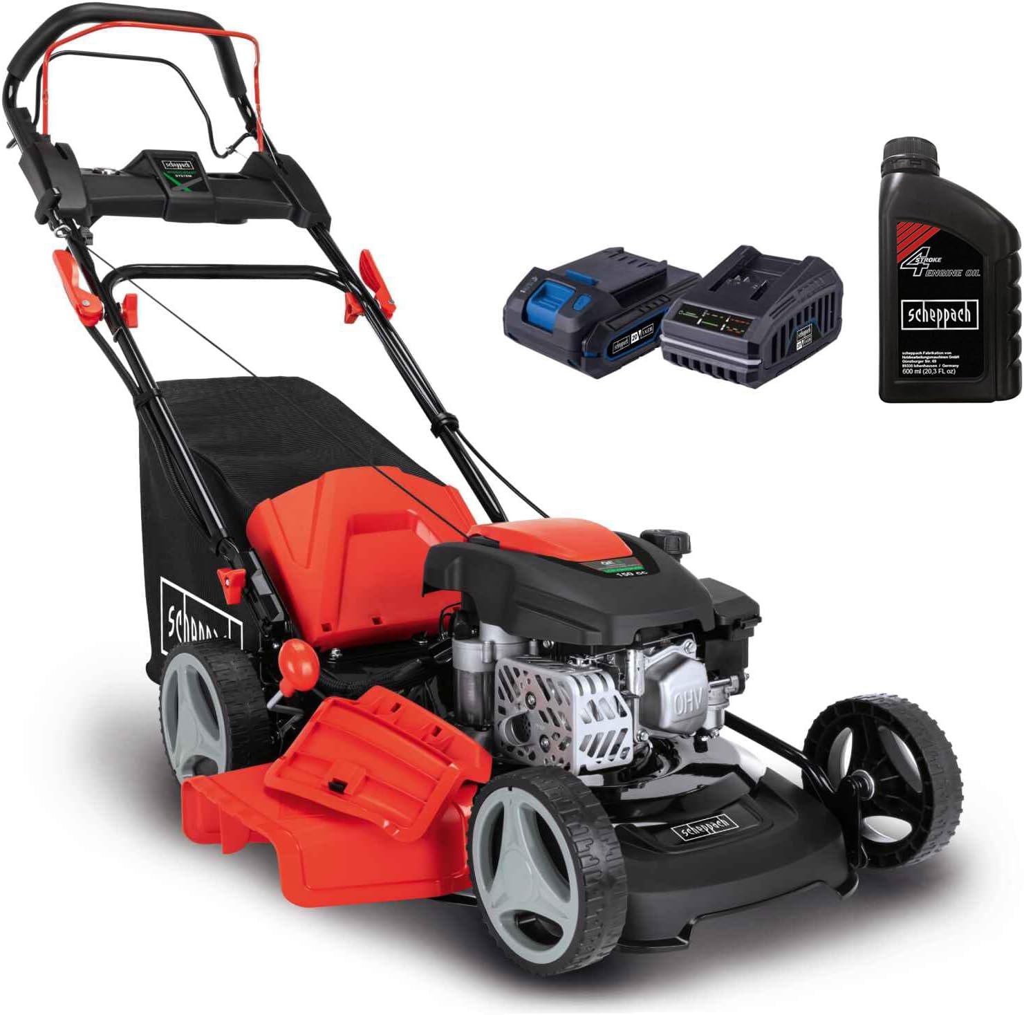 Scheppach Tondeuse à gazon thermique MS150-46E | Autotractée | Démarrage électrique | Moteur 4T| Largeur de coupe 46cm | Panier 55L | Fonction Mulching & Raccord de lavage | Lame supp. + huile incluse Scheppach Tondeuse à gazon thermique MS150-46E | Autotractée | Démarrage électrique | Moteur 4T| Largeur de coupe 46cm | Panier 55L | Fonction Mulching & Raccord de lavage | Lame supp. + huile incluse