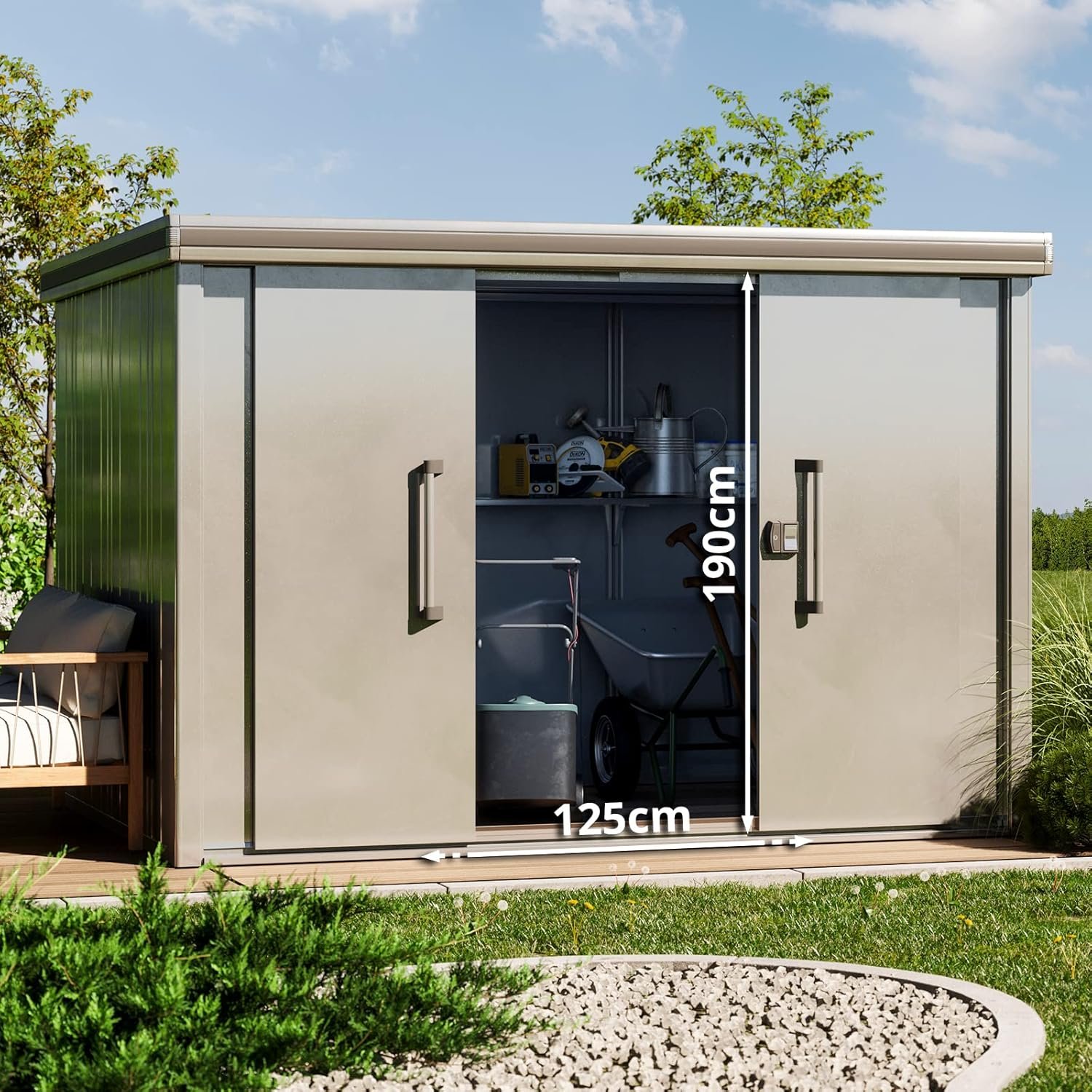 Abri de jardin en métal toit plat porte coulissante gris Abri de jardin en métal toit plat porte coulissante gris