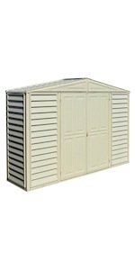 Abri de jardin adossable en vinyle 4 x 8 kit fondation métal porte réversible Abri de jardin adossable en vinyle 4 x 8 kit fondation métal porte réversible
