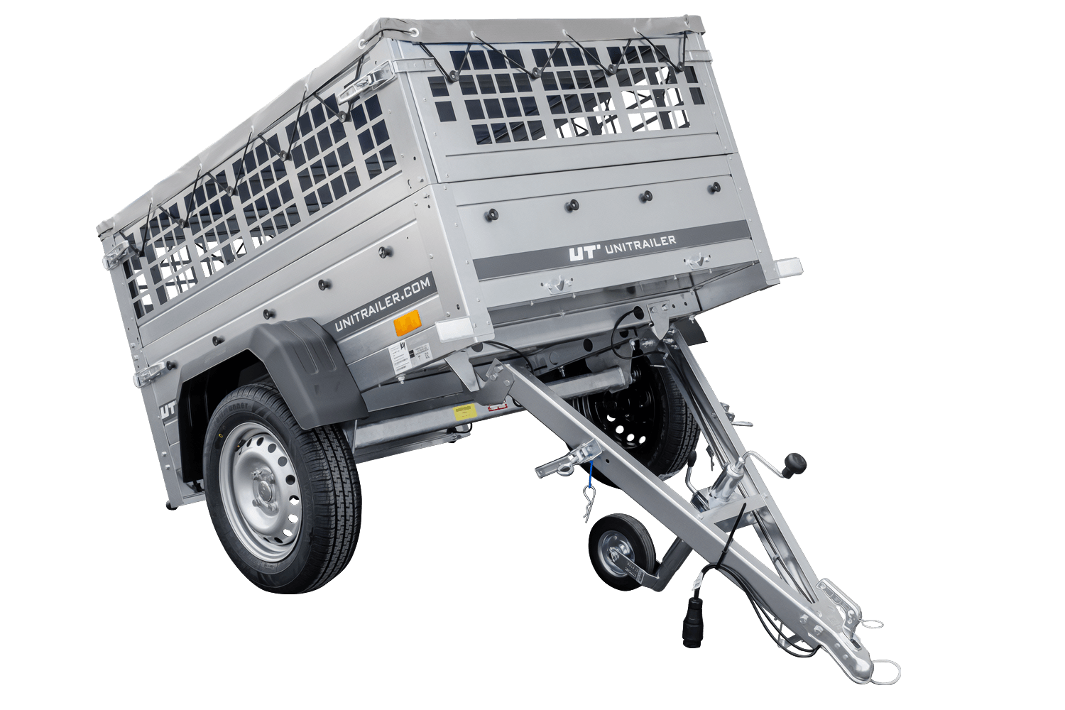 Remorque benne basculante UNITRAILER Garden Trailer 150 KIPP 150×106 cm, PTAC 750 kg, bâche plate grise + roue jockey Remorque benne basculante UNITRAILER Garden Trailer 150 KIPP 150×106 cm, PTAC 750 kg, bâche plate grise + roue jockey