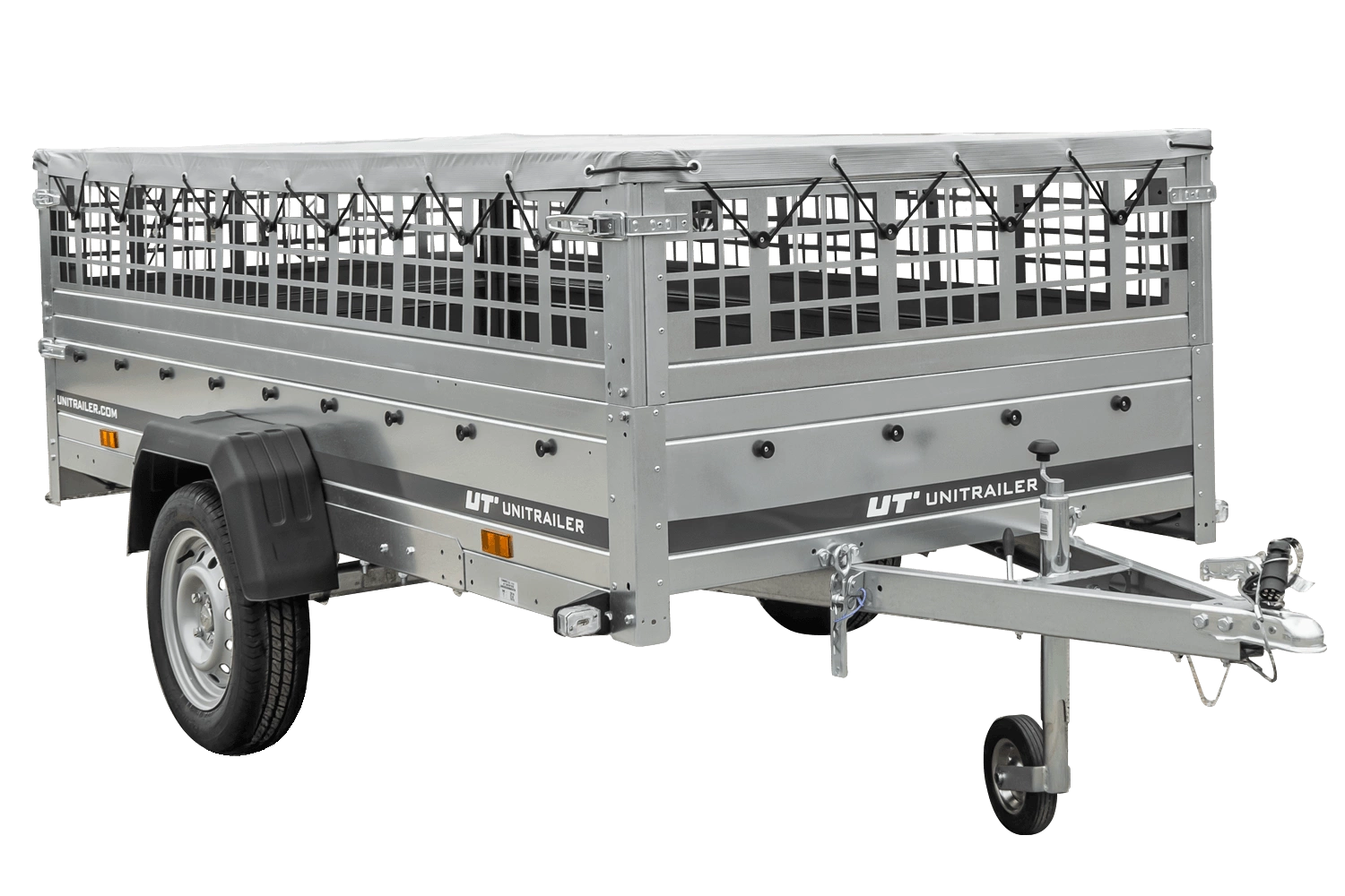 Remorque sur ressorts UNITRAILER Garden 264/R KIPP 264×125 ridelles grillagées châssis H-0 bâche grise 750 kg Remorque sur ressorts UNITRAILER Garden 264/R KIPP 264×125 ridelles grillagées châssis H-0 bâche grise 750 kg