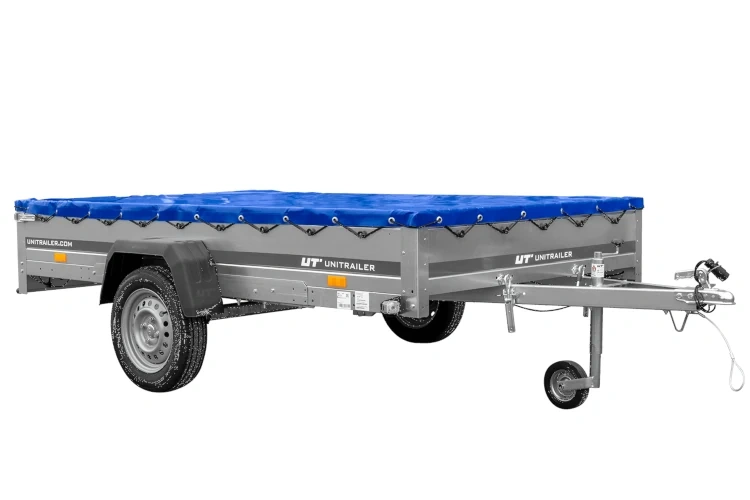Remorque à un essieu sur ressorts UNITRAILER Garden 265/R KIPP 264×150 châssis H-0 bâche bleue Remorque à un essieu sur ressorts UNITRAILER Garden 265/R KIPP 264×150 châssis H-0 bâche bleue