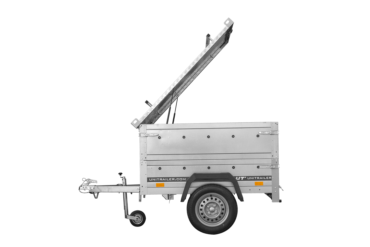 Remorque un essieu 150×106 UNITRAILER GARDEN 150 KIPP ridelles supplémentaires capot aluminium PTAC 750 kg Remorque un essieu 150×106 UNITRAILER GARDEN 150 KIPP ridelles supplémentaires capot aluminium PTAC 750 kg