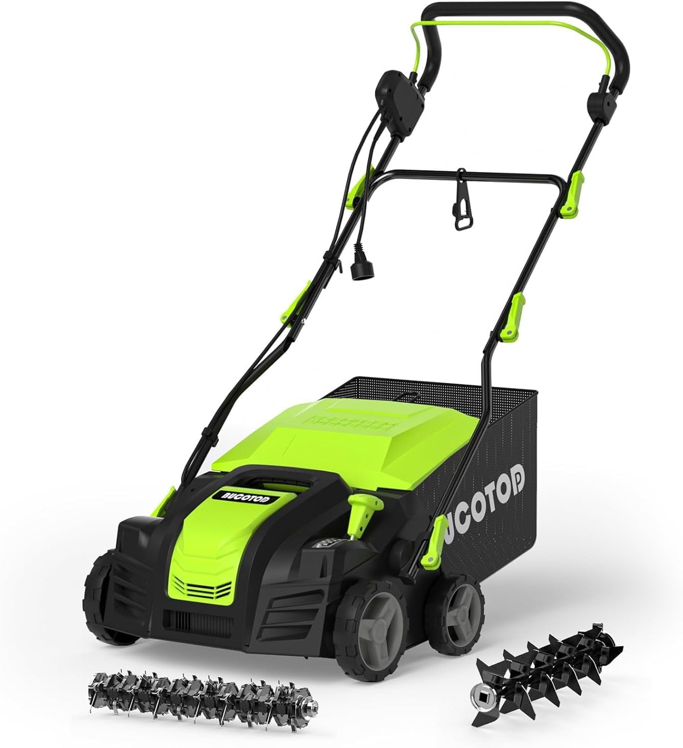 Scarificateur électrique 2 en 1 33 cm avec réglage de profondeur 4 positions et bac 55 L Scarificateur électrique 2 en 1 33 cm avec réglage de profondeur 4 positions et bac 55 L
