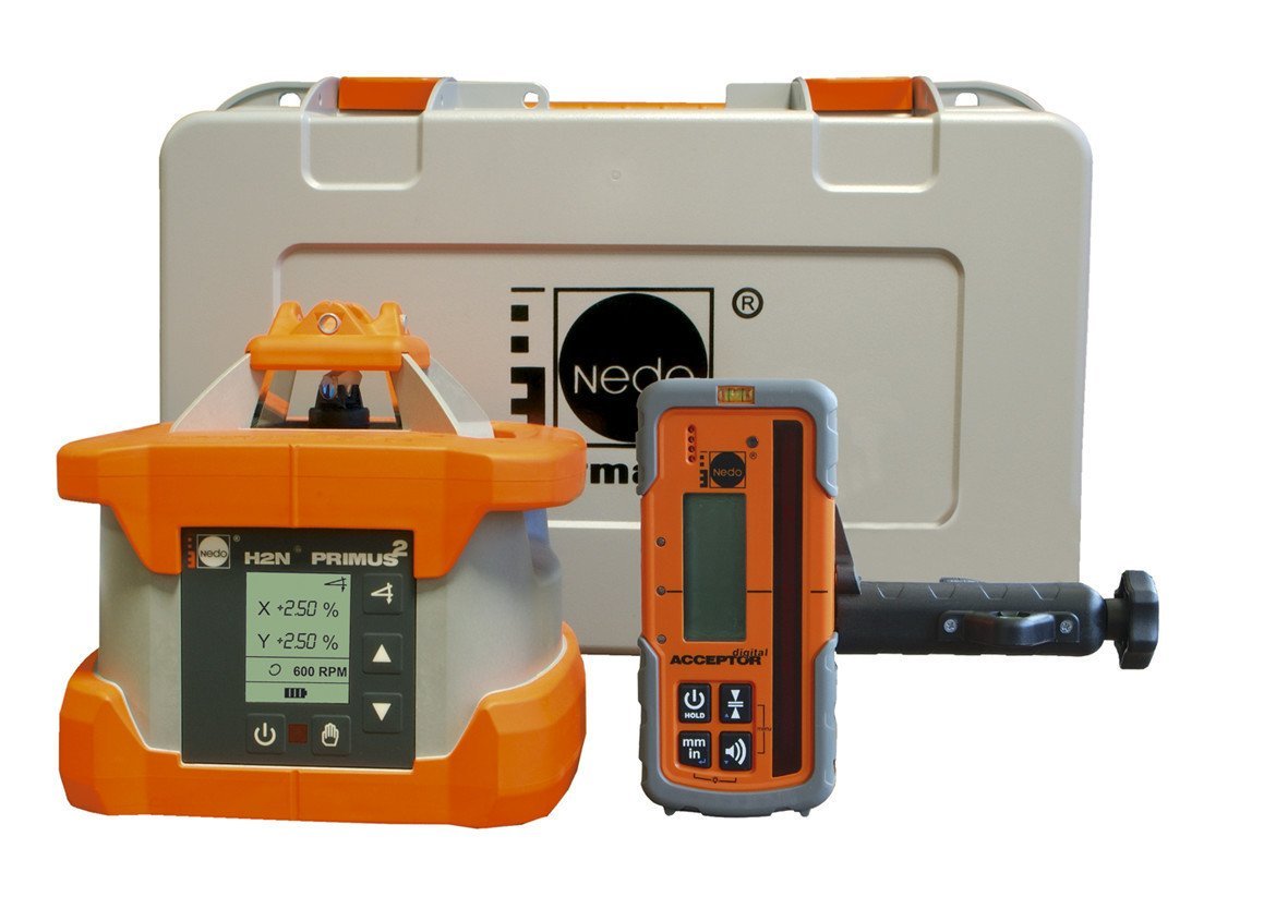 Primus_2H_Lieferumfang_mit_Acceptor_Digital.jpg NEDO PRIMUS 2 H2N mit Acceptor Digital – Rotations- / Neigungslaser horizontal – Image 1