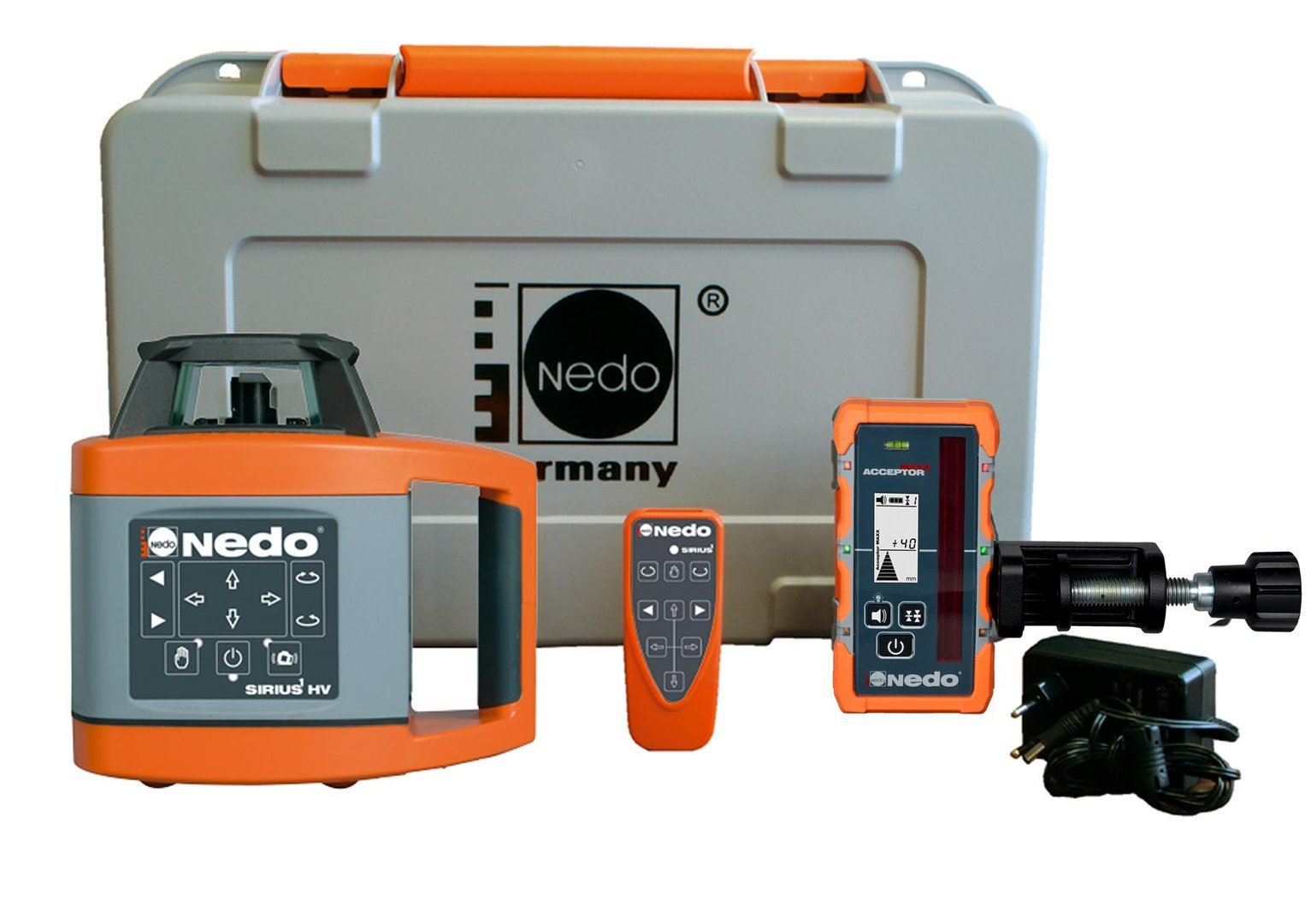 Sirius_1_HV_Acceptor_MAXX.jpg NEDO SIRIUS 1 HV (MAXX) im Set mit Kurbelstativ und Flexilatte – Rotationslaser horizontal vertikal – Image 1